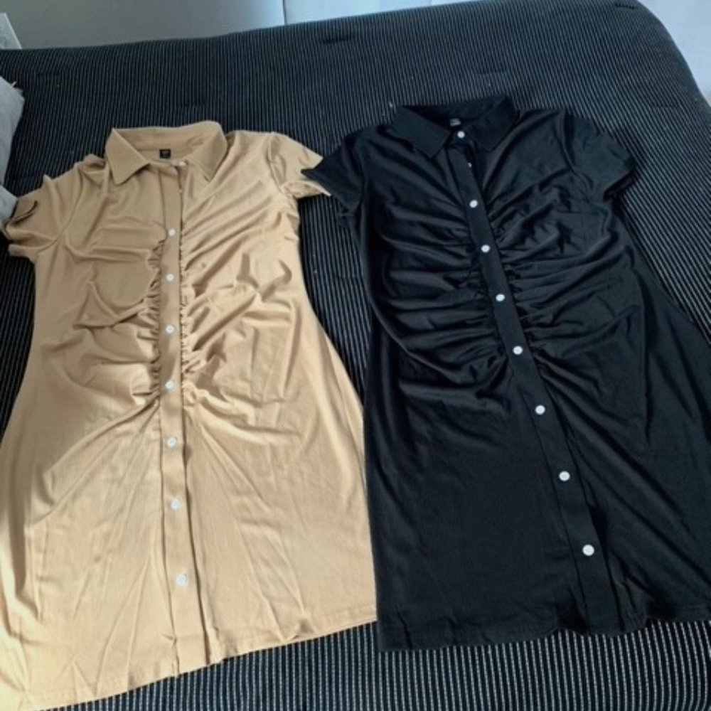 2 Shein Ruched Button Up Dresses (Tan & Black)
